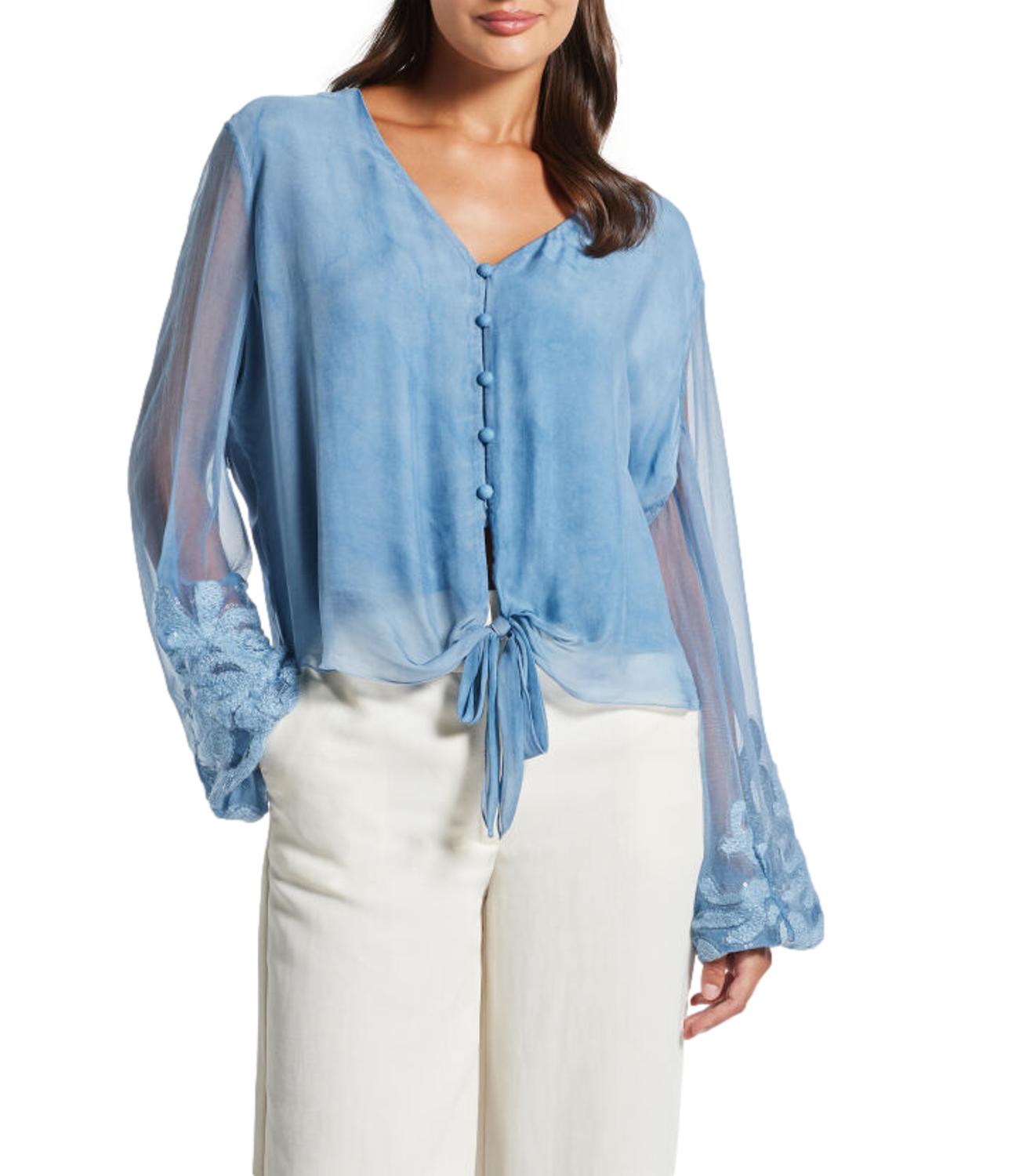 Guess Camicia Ls Camilla Garment Dyed Top Azzurro Donna