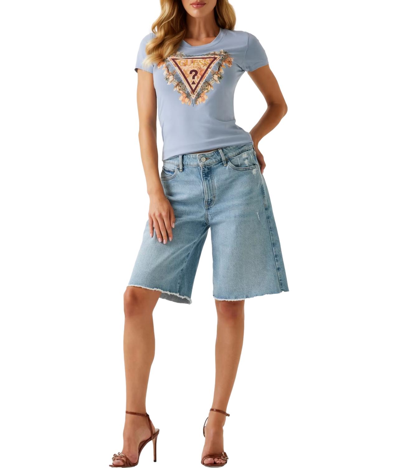 Guess T-shirt Ss Triangle Flowers Tee Nimbus Blue Donna
