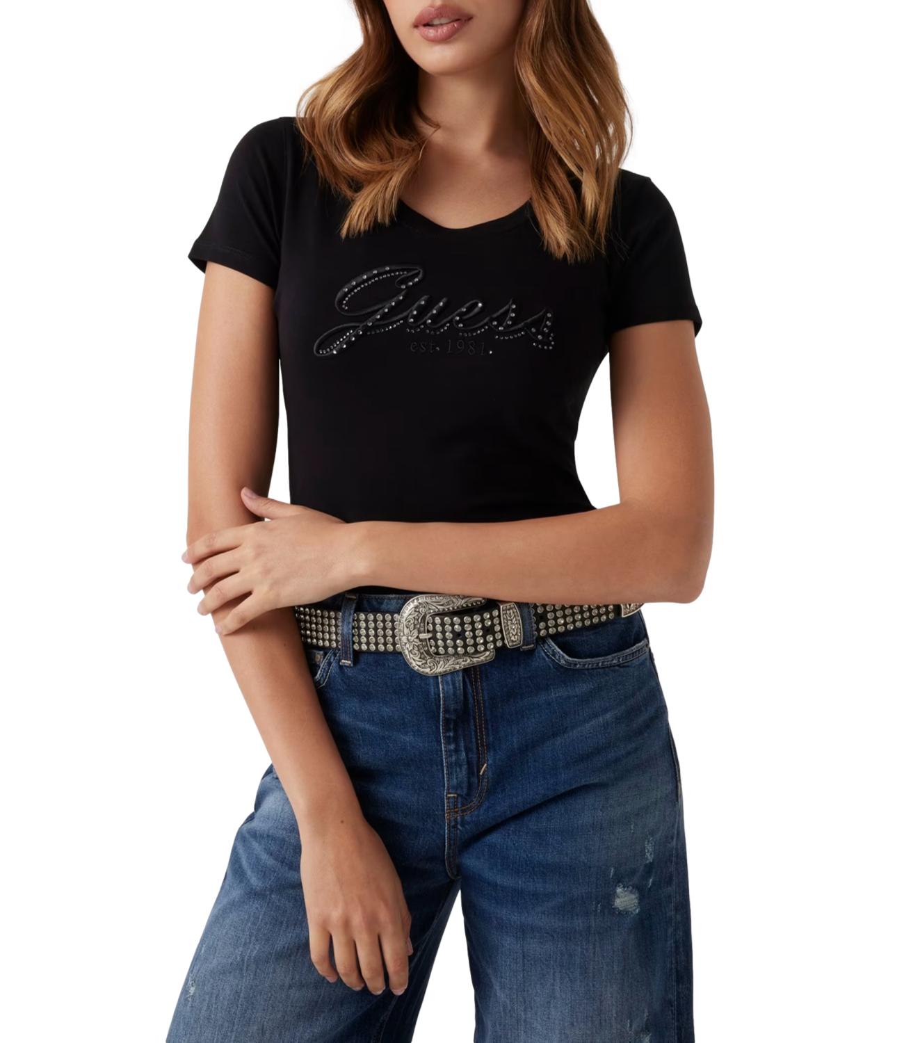Guess T-shirt Cn Ss Embro Script Logo Tee Black Donna