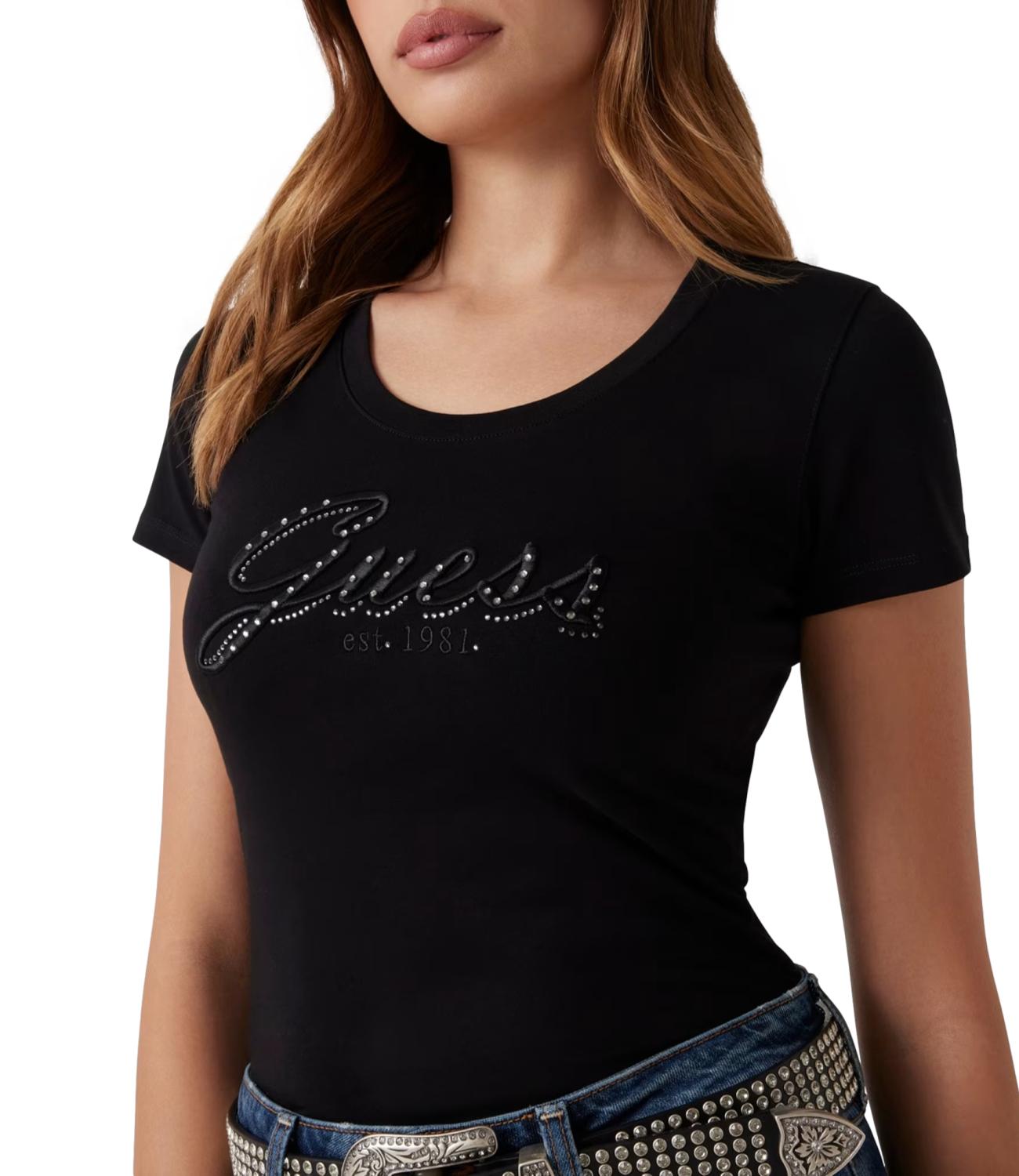 Guess T-shirt Cn Ss Embro Script Logo Tee Black Donna
