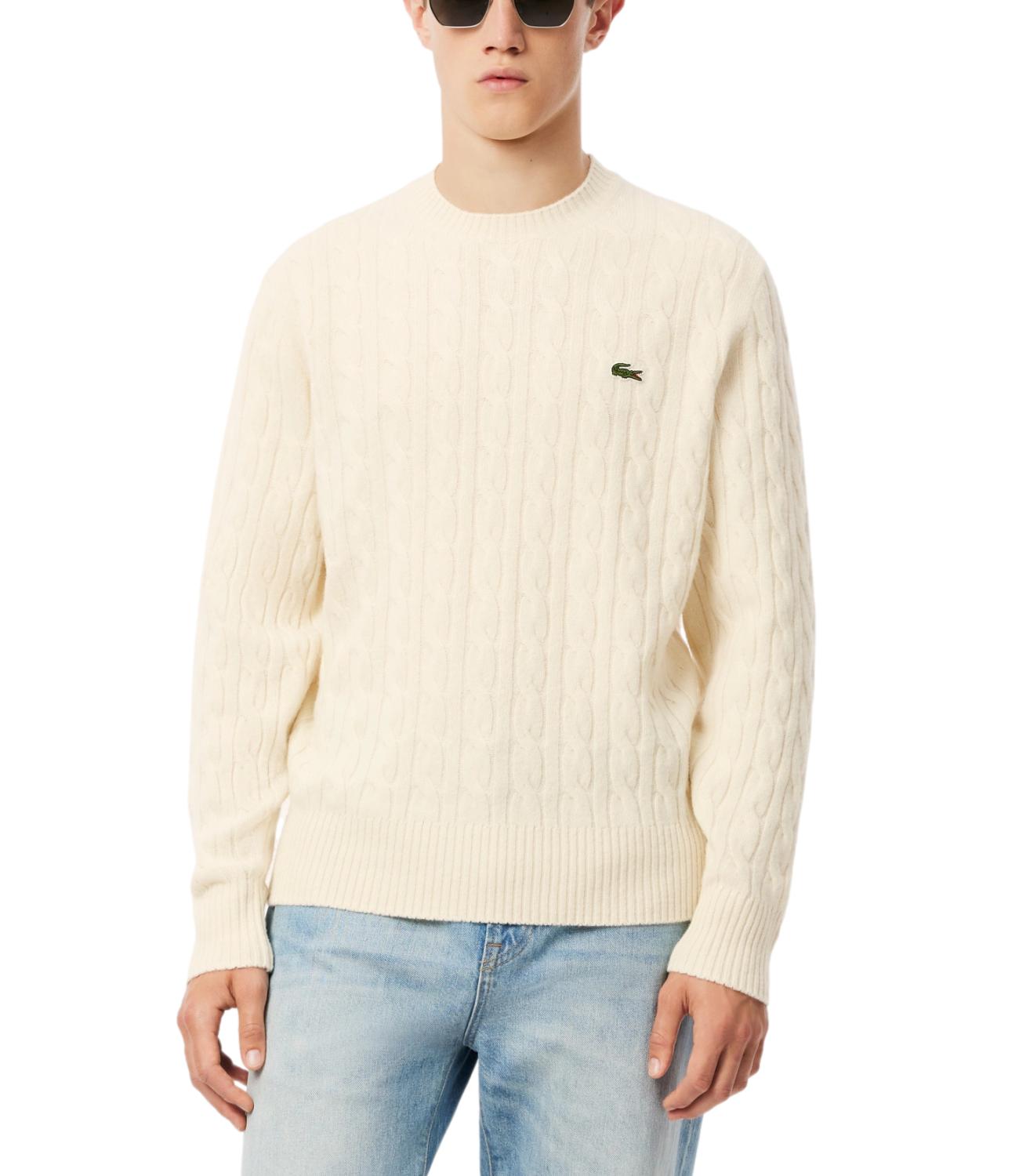 Maglione girocollo bianco panna a trecce