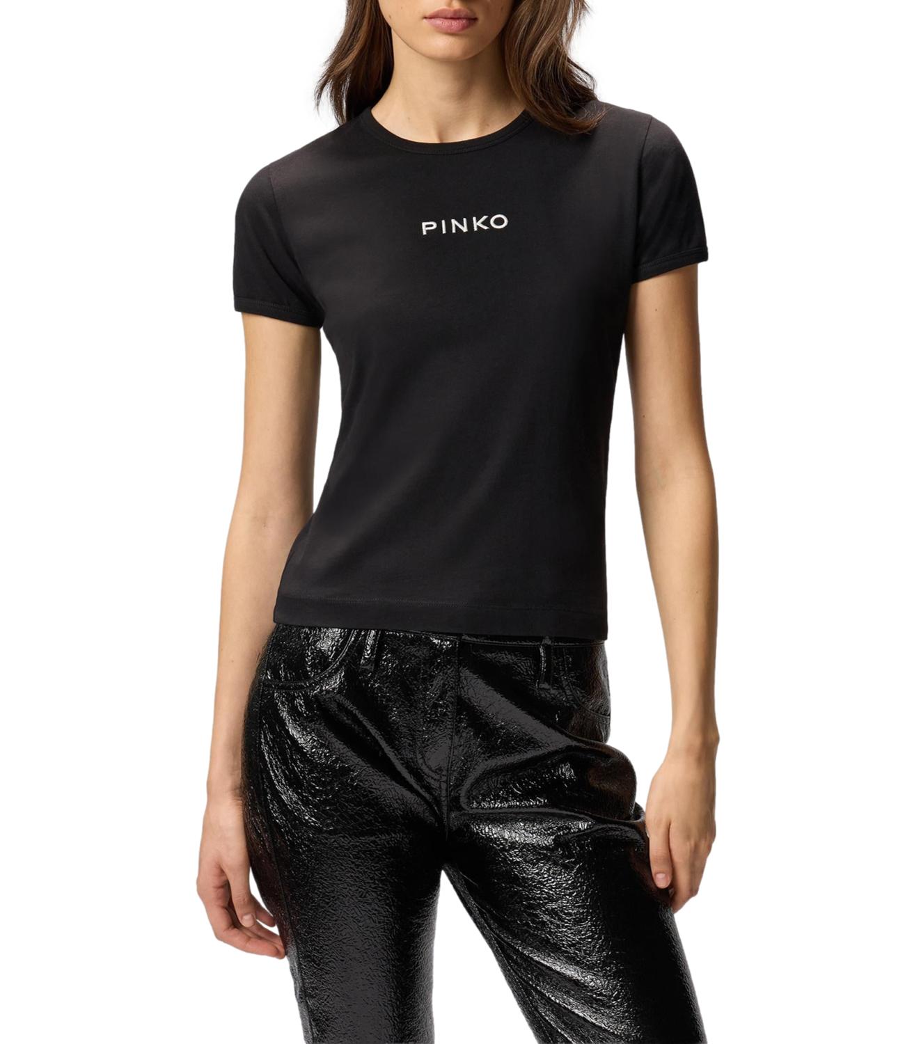 T-shirt nera girocollo maniche corte logo ricamato bianco