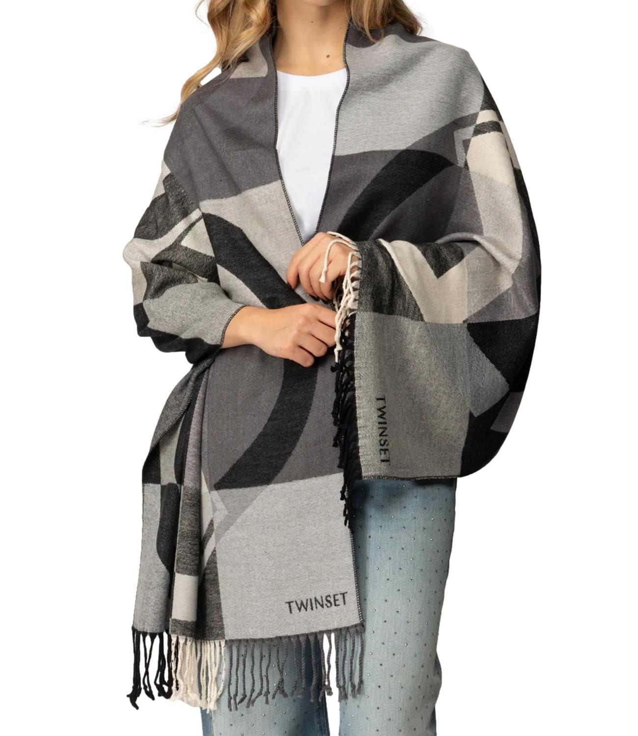 Twinset Stola In Panno C/Motivo Logo Jacquard Grigio Melange Donna