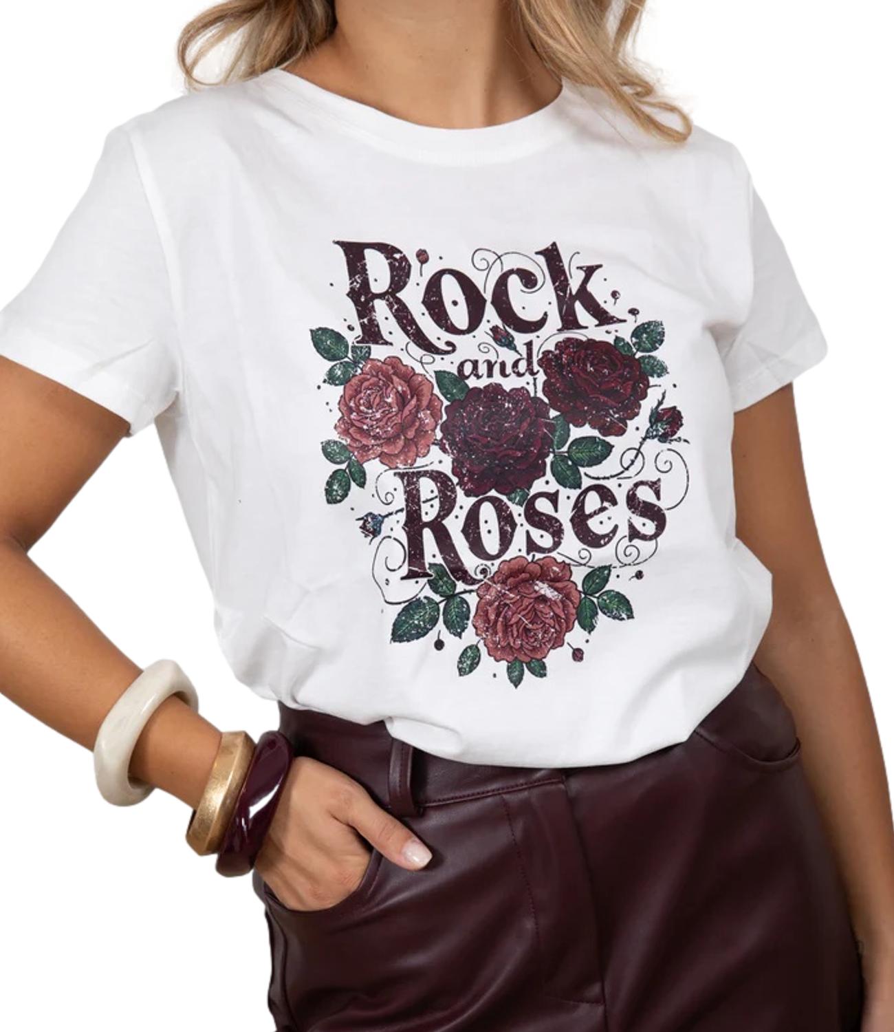 Vicolo T-shirt Stampa Rock and Roses Bianco Donna