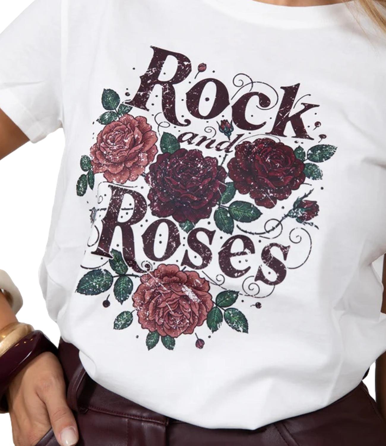 Vicolo T-shirt Stampa Rock and Roses Bianco Donna