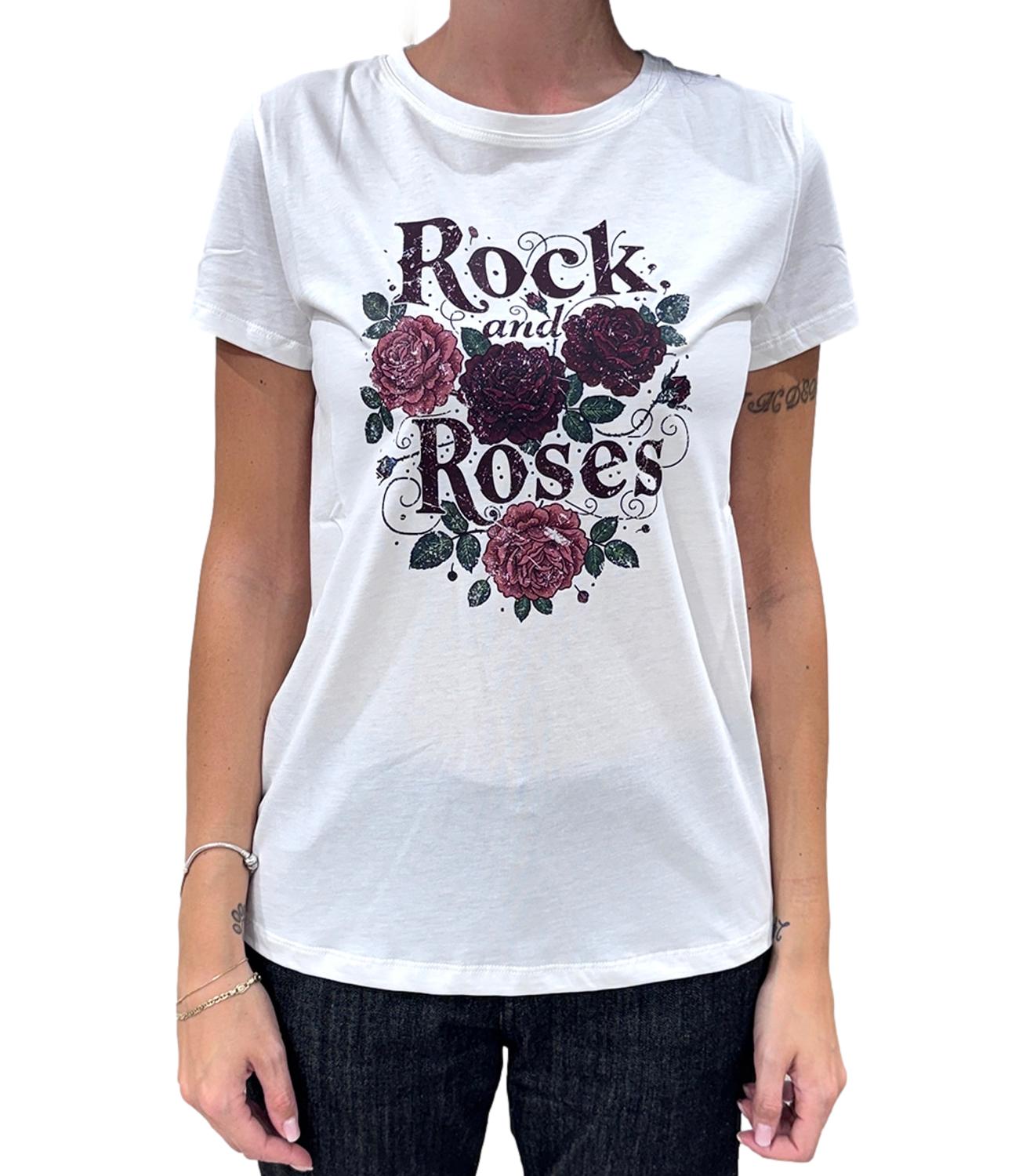 Vicolo T-shirt Stampa Rock and Roses Bianco Donna