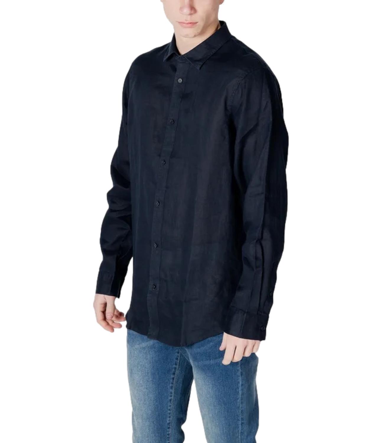Camicia nera a maniche lunghe in tessuto leggero uomo