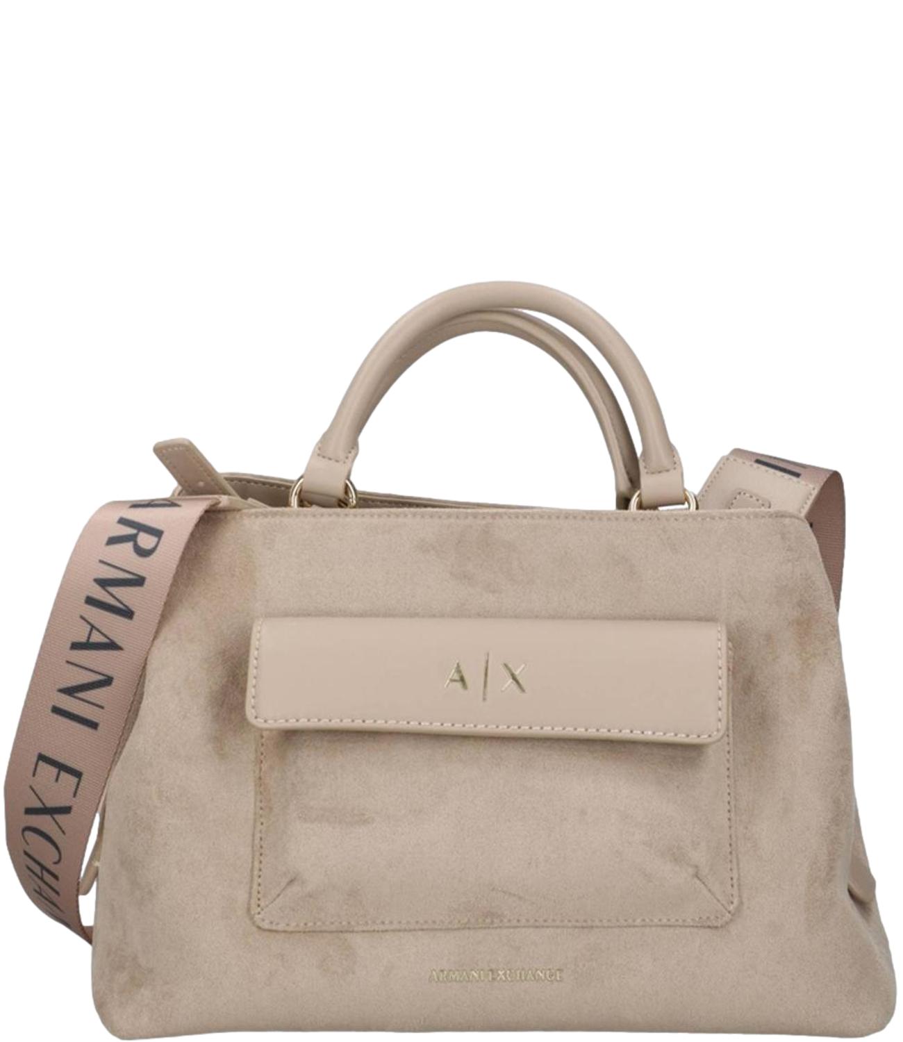 Borsa a mano Armani Exchange beige effetto suede con tracolla logata Donna