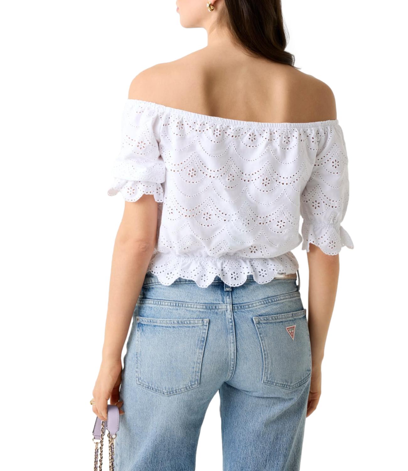 Guess Maglia Ss Shoulder Off Eyelets Embroi Pure White Donna