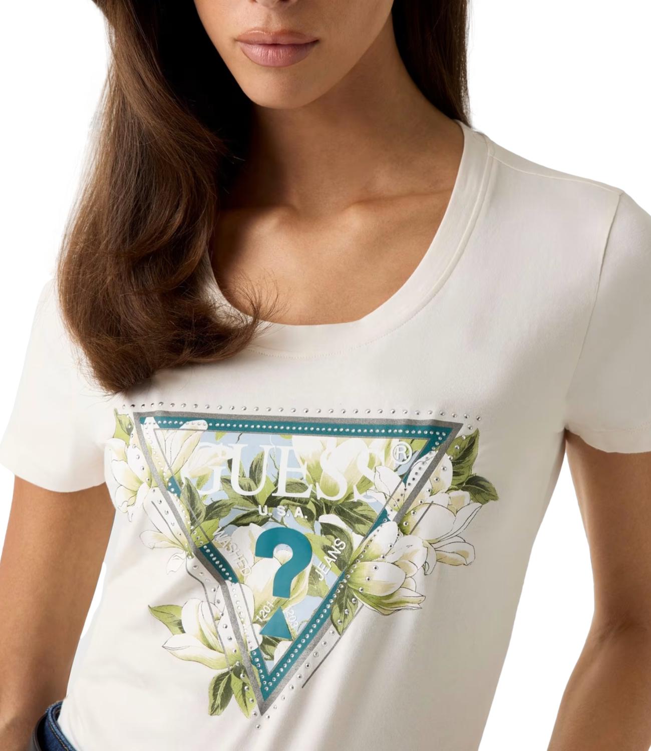 GUESS t-shirt Ss Cn Camelia Triangle Tee crema donna