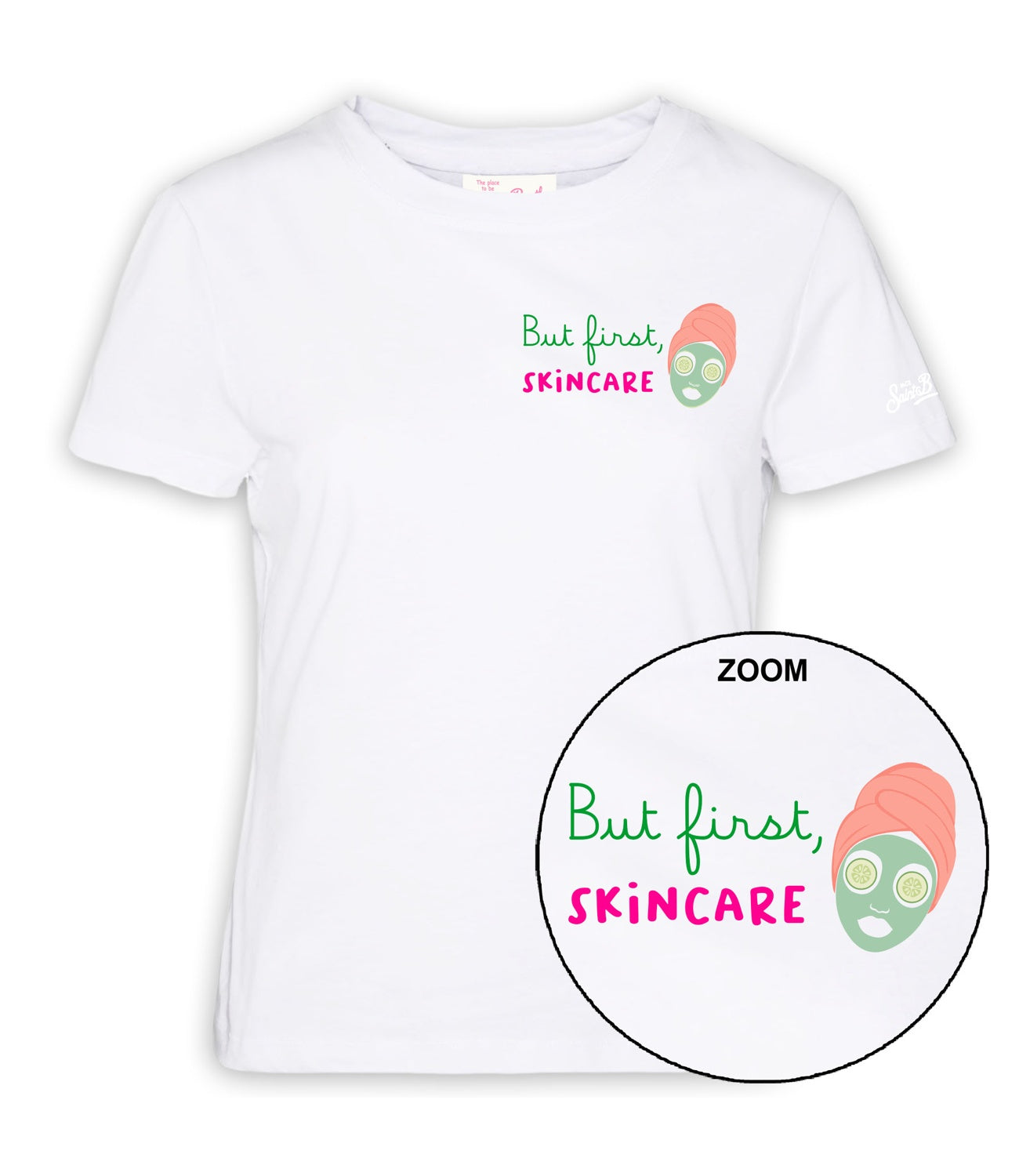 T-shirt MC2 Saint Barth Emilie color bianco con scritta a ricamo BUT FIRST SKINCARE