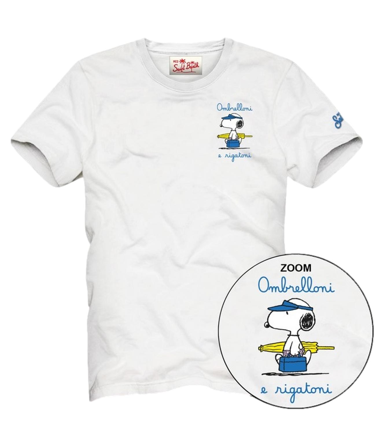 T-shirt MC2 Saint Barth Portofino color bianco con logo e scritta OMBRELLONI E RIGATONI ricamate