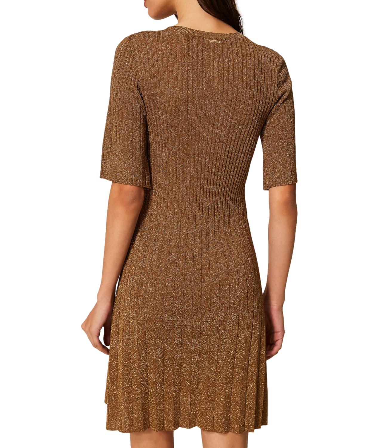 TWIN SET Abito Marrone "Bubinga Wood" Lurex Oro donna